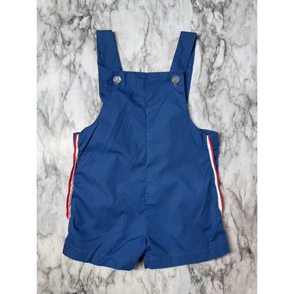 Vintage Bryan Baby Boy Blue Overall Romper Red White Stripe USA made 12-18 Mo - Picture 1 of 6